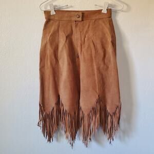 Vintage Suede Fringe Skirt Womens 6 Brown Leather Fringe Zig-Zag Hem 70s? Midi